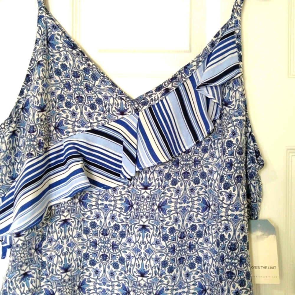 Skye's the limit women's floral v neck ruffle White Blue tank top. Summer, Beach - Picture 3 of 8